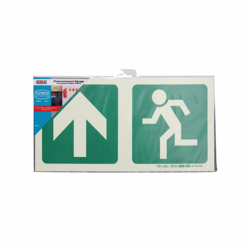 Photoluminescent 190MM Safety Sign - E10-Arrow Up+Running Man