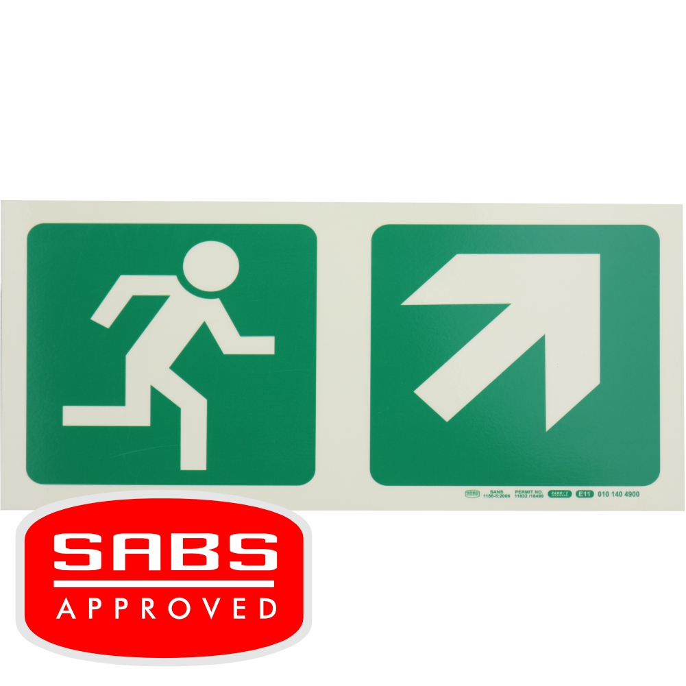 Photoluminescent 190MM Safety Sign - E11-Running Man+Diagonal Arrow Up And Right