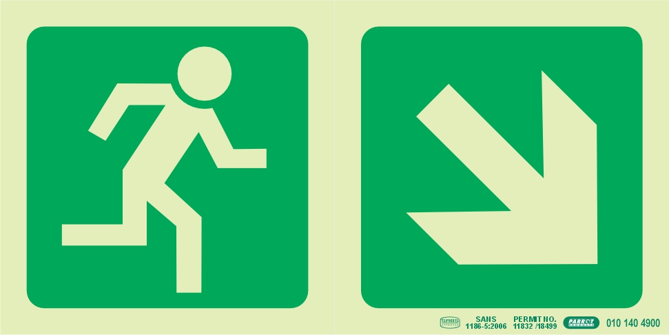 Photoluminescent 190MM Safety Sign - E13-Running Man+Diagonal Arrow Down AND Right