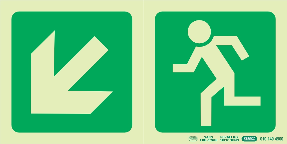 Photoluminescent 190MM Safety Sign - E14-Diagonal Arrow Down AND Left +Running Man