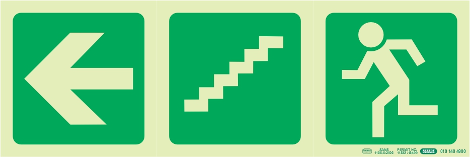 Photoluminescent 190MM Safety Sign - E17-Arrow Left+Stairs Going Down+Running Man