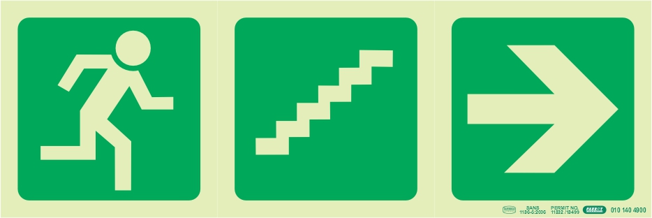 Photoluminescent 190MM Safety Sign - E18-Running Man+Stairs Going Up+Arrow Right