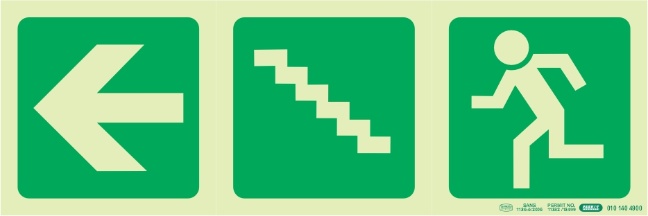 Photoluminescent 190MM Safety Sign - E19-Arrow Left+Stairs Going Up+Running Man