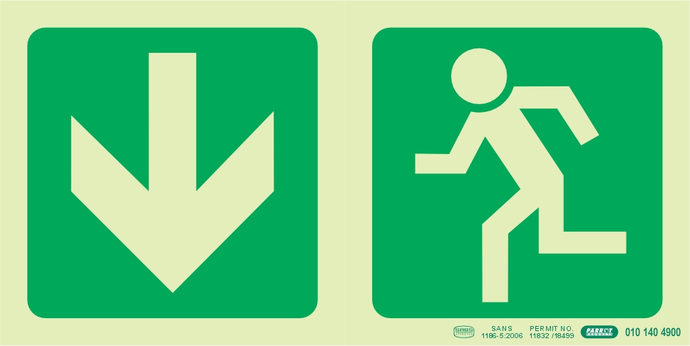 Photoluminescent 190MM Safety Sign - E3-Arrow Down+Running Man