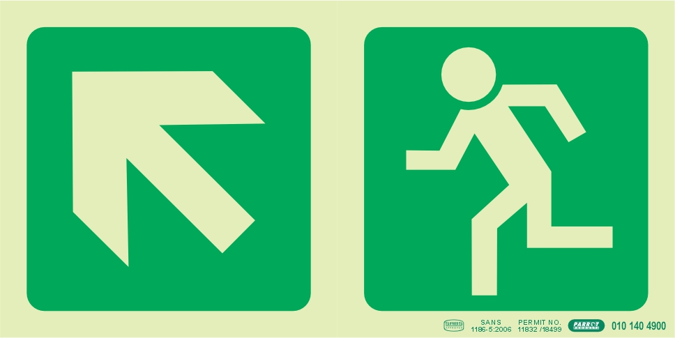 PHOTOLUMINESCENT 190MM SAFETY SIGN -E12-DIAGONAL ARROW UP AND LEFT+RUNNING MAN