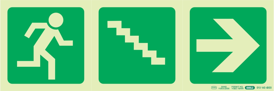 PHOTOLUMINESCENT 190MM SAFETY SIGN -E16-RUNNING MAN+STAIRS GOING DOWN+ARROW RIGHT